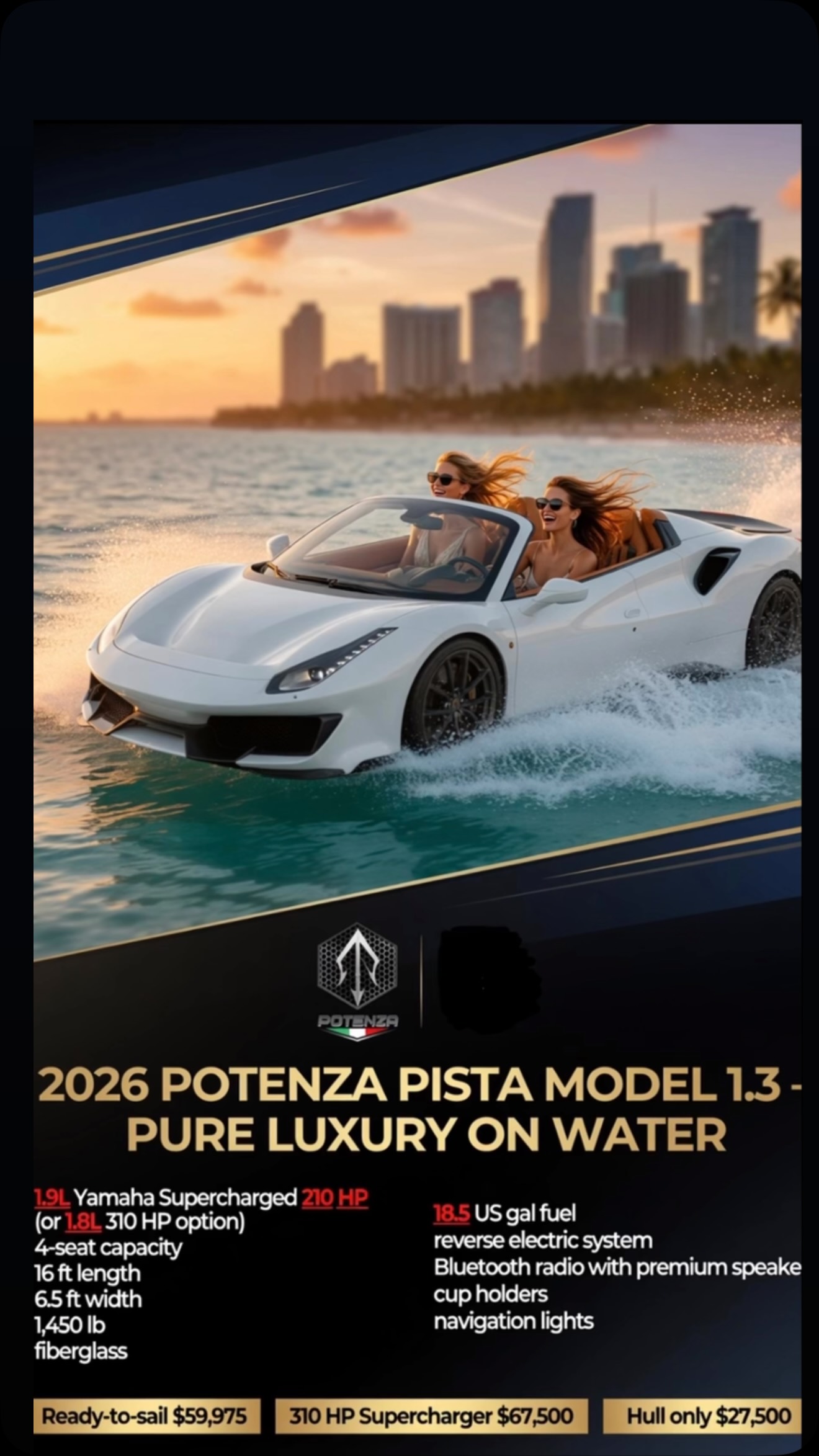 Miami Jet Car specification graphic for the 2026 Potenza Pista
